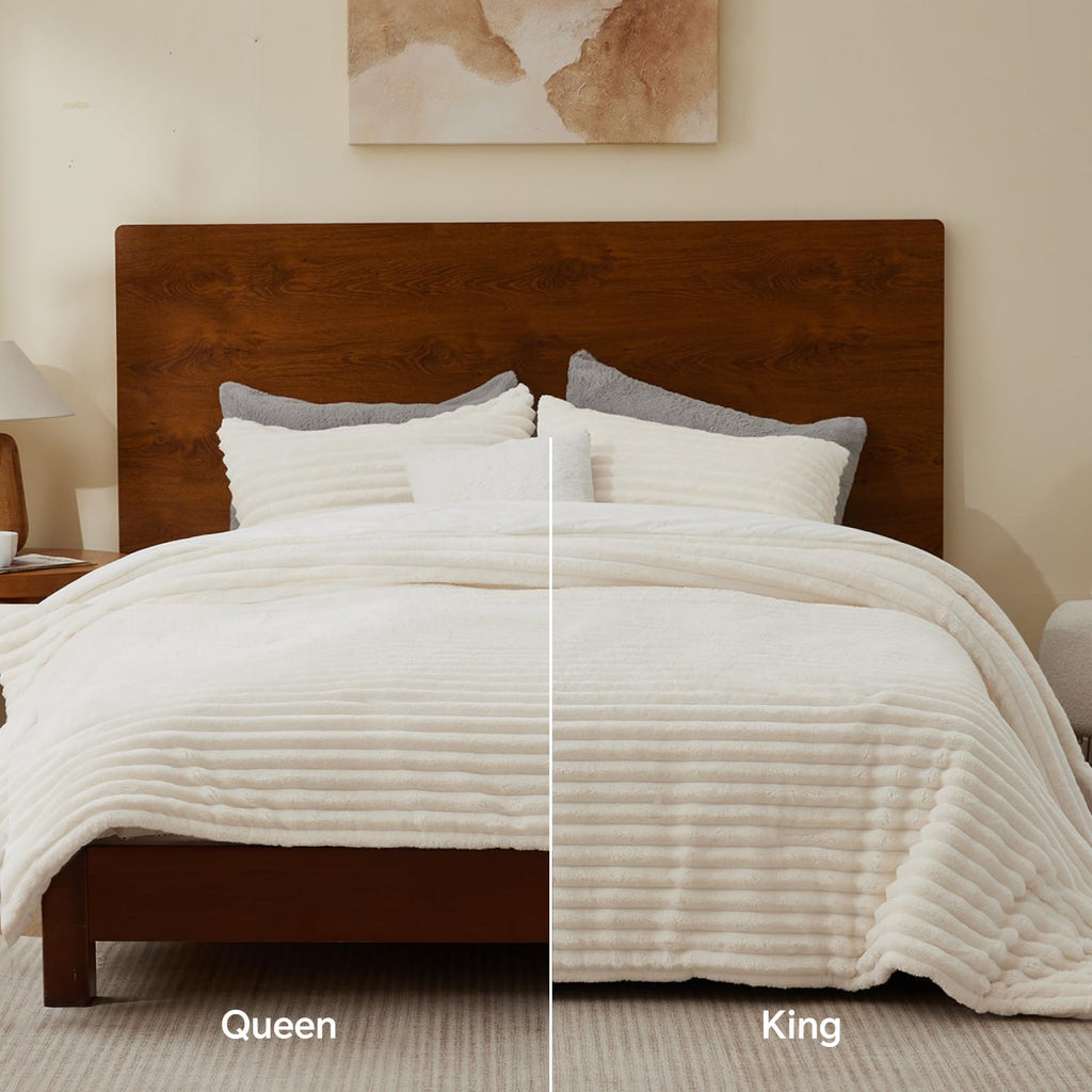 BEDELITE Fleece Queen Comforter Set, Fluffy Bed Set, Cream White | Super Soft & Warm Bedding, Luxury Fuzzy Faux Fur Comforter for Winter, Heavy Plush Bedding, with 2 Pillowcases