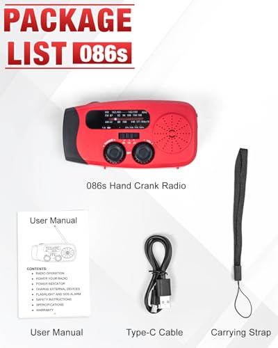 Emgykit Hand Crank Radio with AM/FM/NOAA Weather Band,for Emergencies | 3 LED Flashlights,SOS Function,Solar Powered,Hand Cranked, 2000mAh/7400mWh Charger,for Power Outage - Red