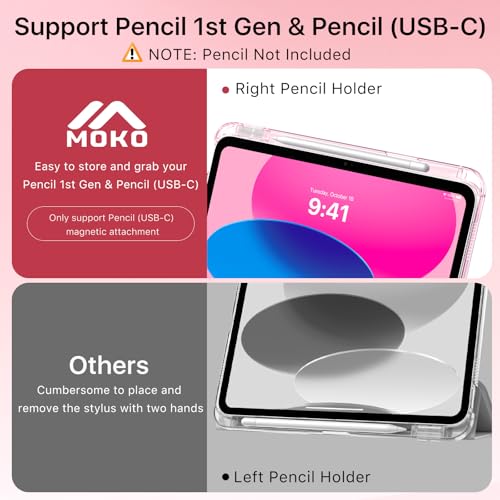 Moko for iPad A16 11th Generation Case 11 Inch 2025 with Pencil Holder,Pink | For iPad 10th Generation Case 10.9 Inch 2022, Slim Light Trifold Protective Cover with Hard PC Translucent Back Shell