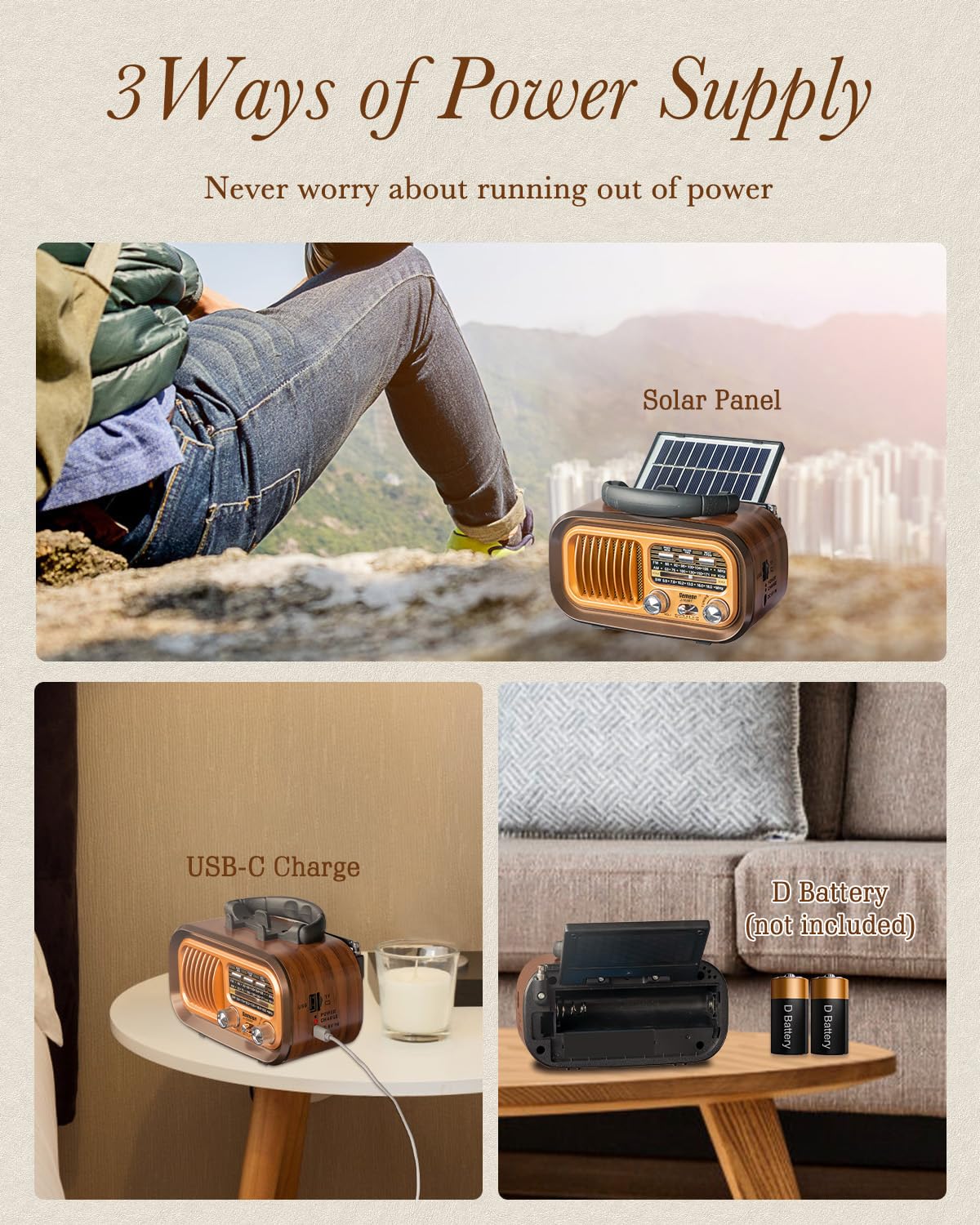 PRUNUS J-150 Portable Radio AM FM SW Bluetooth Speaker,TF Card/USB Playback | Retro Radios Vintage Transistor with Best Sound, Solar/D Battery Operated/USB Charging, TWS