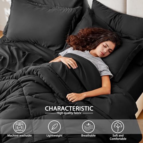 Love's cabin King Size Comforter Set, 7 Pieces Bed in a Bag, Black | OEKO-TEX Certified, All-Season, 1 Down-Alternative Comforter + 1 Flat & Fitted Sheets + 2 Pillowcases + 2 Pillow Shams