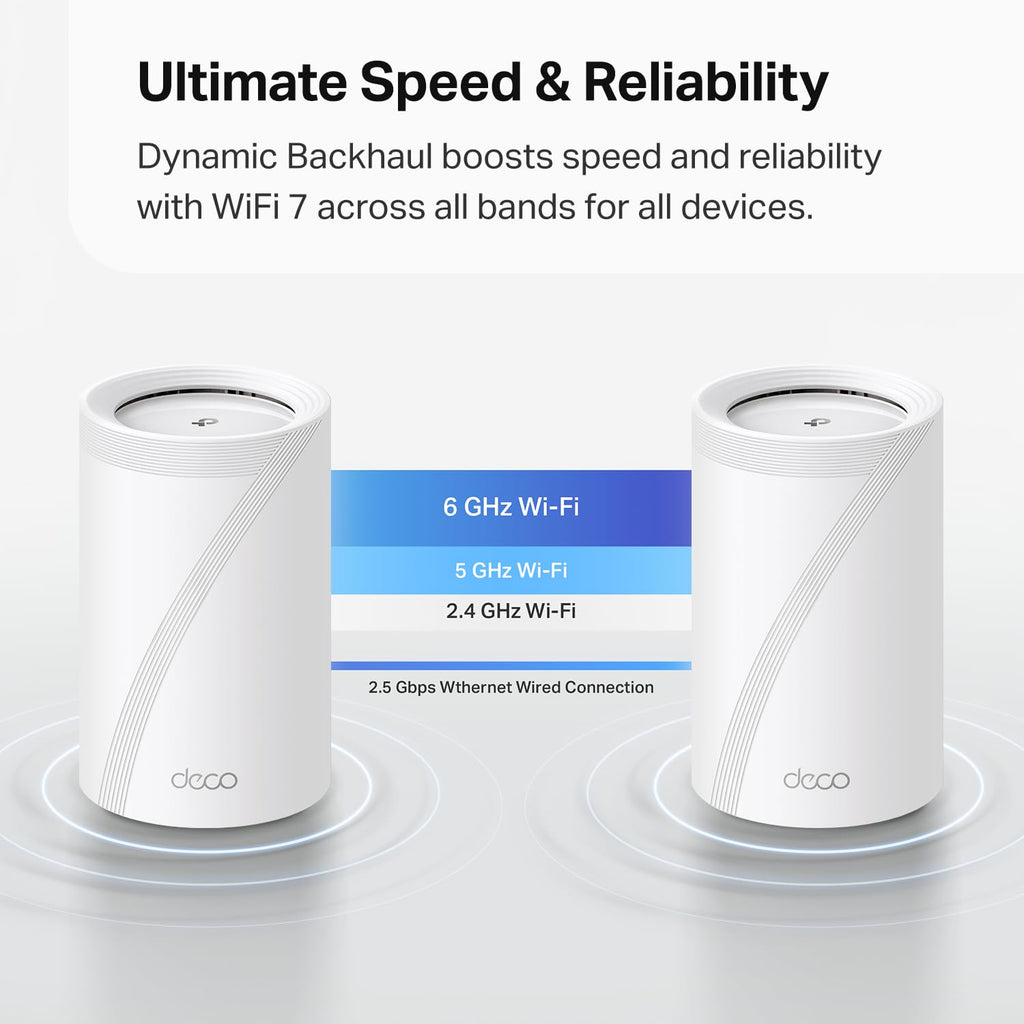 Deco 7 Pro Tri-Band WiFi 7 BE10000 Whole Home Mesh System 6-Stream 10 Gbps | 4 x 2.5G Ports Wired Backhaul, 4 x Smart Internal Antennas, Up to 7,600 Sq.ft, VPN, HomeShield, AI-Roaming (BE63 3-Pack)