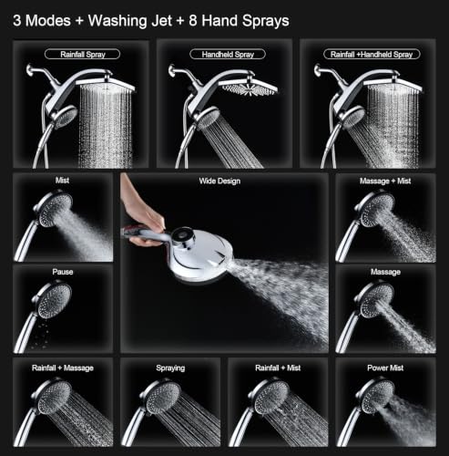 Rain Shower Head with Handheld Showerhead, Chrome 1.8GPM 460311 | 12" High Pressure Rainfall Shower Heads, 9 Sprays Handheld Showerheads, Magnetic Docking, Power Jets, 59" Shower Hose