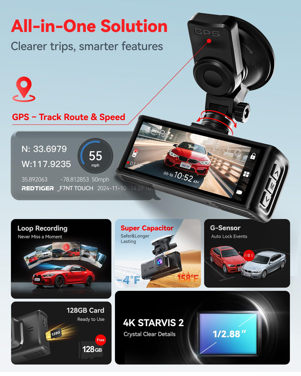 REDTIGER 4K STARVIS 2 Dashcam Front Rear, 5GHz WiFi 20MB/s, Free 128GB Card | Voice Control, Touch Screen, GPS, Loop Recording, Parking Mode, Audio Recording, WDR Night Vision, Supercapacitor(F7N Touch)