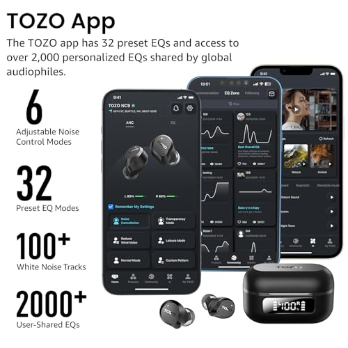 TOZO NC9 Hybrid Active Noise Cancelling Wireless Earbuds, 60H, LED Display | 6 Mic ENC Clear Calls, Deep Bass Sound, IPX8, in Ear Bluetooth 5.3 Headphones,32 EQs via APP, Comfort Fit Ear Buds, Black