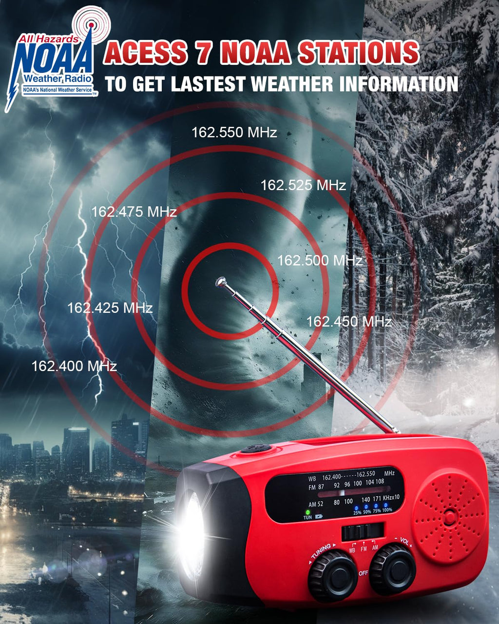 Emgykit Hand Crank Radio with AM/FM/NOAA Weather Band,for Emergencies | 3 LED Flashlights,SOS Function,Solar Powered,Hand Cranked, 2000mAh/7400mWh Charger,for Power Outage - Red