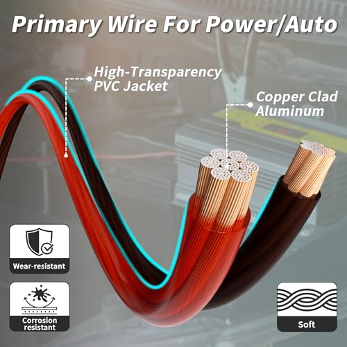 Energeaster 4 Gauge Wire 25FT Black + 25FT Red Automotive Primary Wire | Copper Clad Aluminum, Primary Automotive Power/Ground Cable, for Audio Speaker, RV, Amp, Generator, Solar, Translucent Jacket