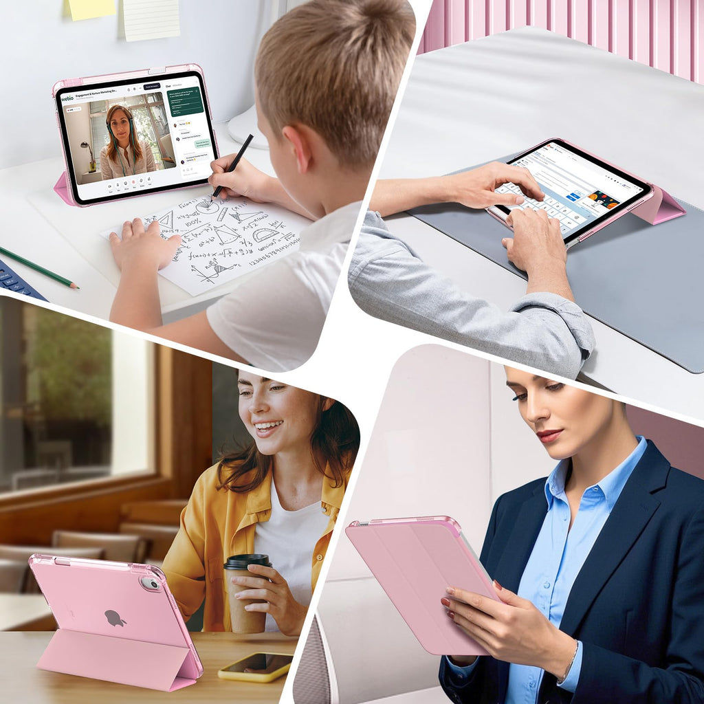 Moko for iPad A16 11th Generation Case 11 Inch 2025 with Pencil Holder,Pink | For iPad 10th Generation Case 10.9 Inch 2022, Slim Light Trifold Protective Cover with Hard PC Translucent Back Shell