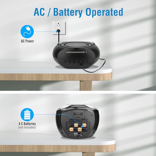MEGATEK Portable CD Player Boombox with Bluetooth & FM Radio – Black | USB Playback, Clear Stereo Sound, AUX Input, Headphone Jack, CD-R/RW & MP3-CD Support, LCD Display, AC/Battery Powered