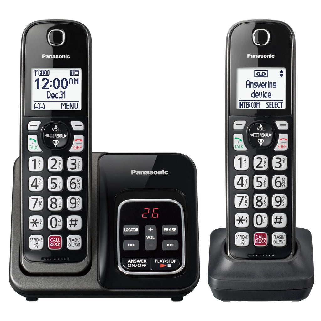 Panasonic Cordless Phone with Answering Machine, 2 Handsets Landline Phone | Home phones landline cordless featuring an answering machine, call block and caller ID, Metallic Black, KX-TGD832M