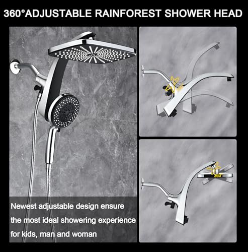 Rain Shower Head with Handheld Showerhead, Chrome 1.8GPM 460311 | 12" High Pressure Rainfall Shower Heads, 9 Sprays Handheld Showerheads, Magnetic Docking, Power Jets, 59" Shower Hose