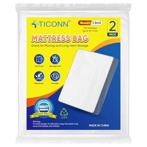 TICONN 2PK Plastic Mattress Bags for Moving, Waterproof Mattress Cover | 1.5 Mil 103"x62"x16", 3D Gusset Design, Tear Resistant & Dust Protection Mattress Protector for Moving and Storage