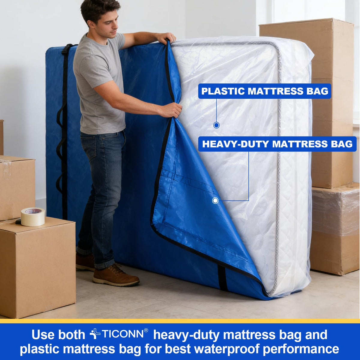TICONN 2PK Plastic Mattress Bags for Moving, Waterproof Mattress Cover | 1.5 Mil 103"x62"x16", 3D Gusset Design, Tear Resistant & Dust Protection Mattress Protector for Moving and Storage