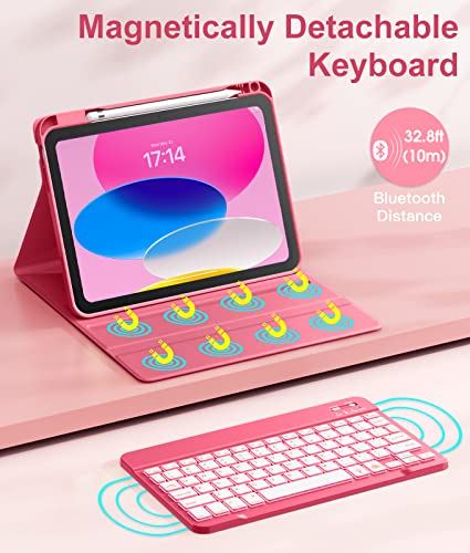 Hamile for iPad A16 11th 10th Generation Case with Keyboard - Wireless | Backlit Detachable Folio Keyboard Cover, Pencil Holder, for iPad A16 11-inch 2025 10th Generation 10.9 Inch 2022, Pink