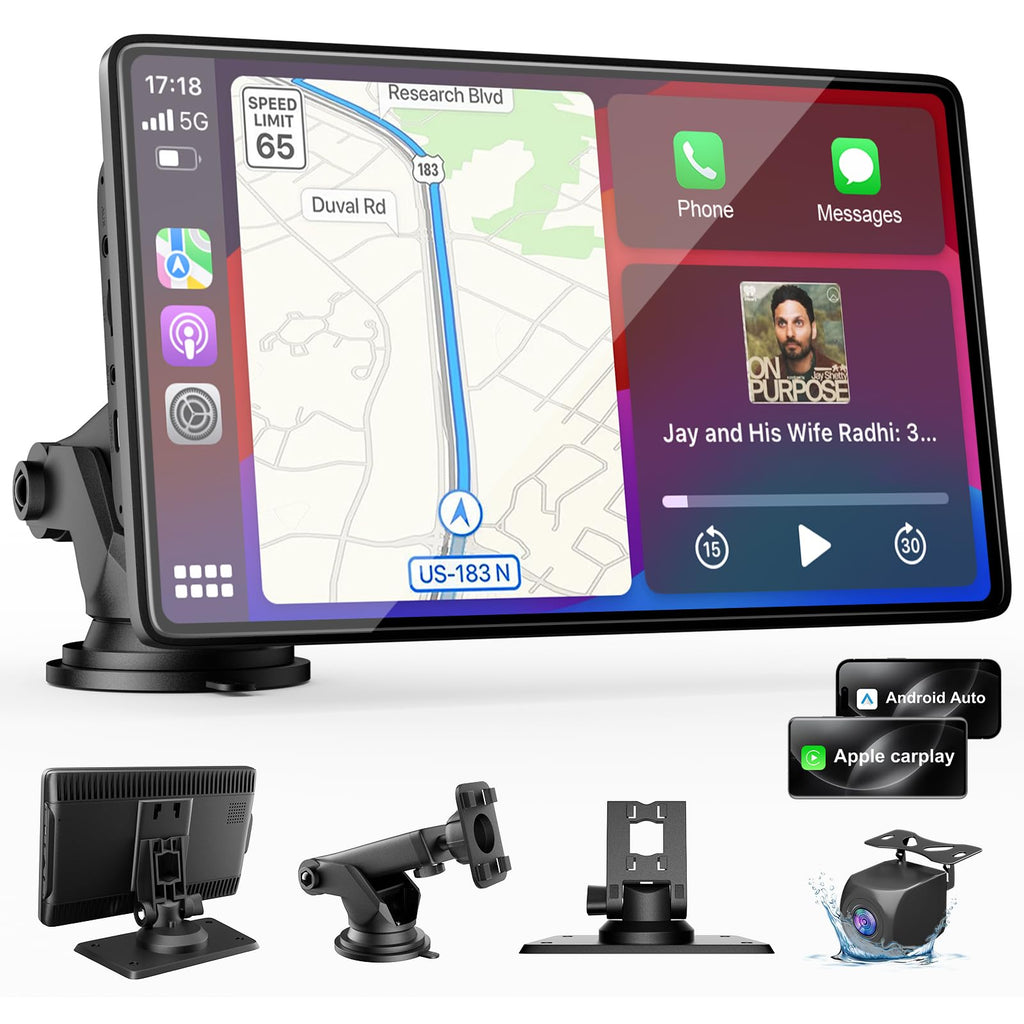 9" CarPlay Screen for Car, Wireless Apple CarPlay & Android Auto | with 1080P Backup Camera, Night Vision, Mirror Link, Voice Control, Bluetooth/FM/AUX Audio, Portable Touchscreen Display