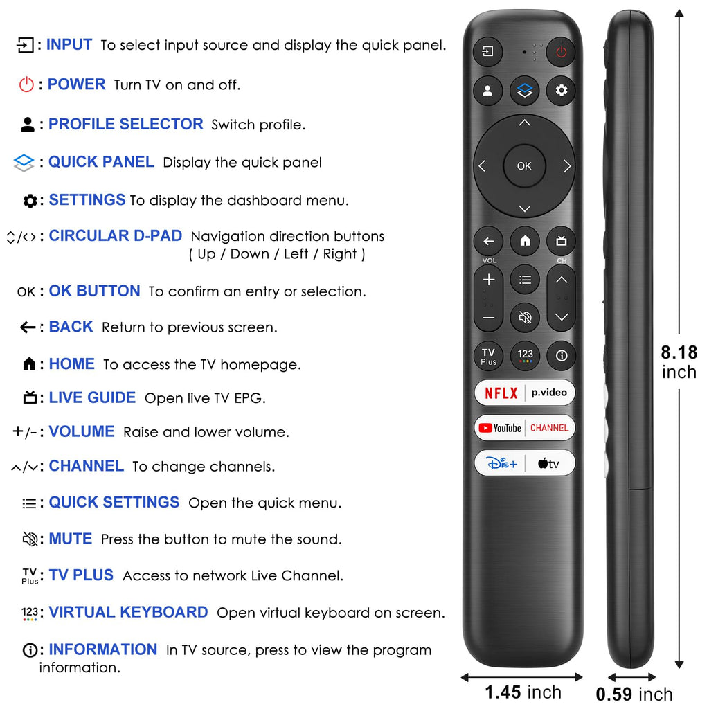 Only for TCL Google TV Remote Control Replacement, Responsive, No Setup | Rugged Durable RC813 Compatible with TCL QM8/QM7/S5/S4/S3/Q7/Q6/Q5 4K UHD HDR LED QLED QD-Mini LED Full-HD Smart TVs