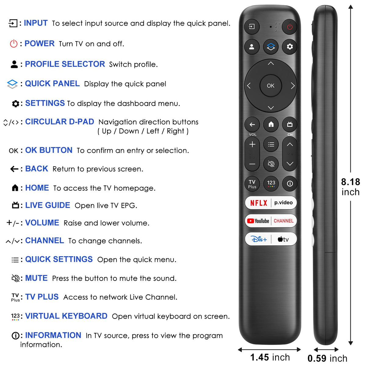 Only for TCL Google TV Remote Control Replacement, Responsive, No Setup | Rugged Durable RC813 Compatible with TCL QM8/QM7/S5/S4/S3/Q7/Q6/Q5 4K UHD HDR LED QLED QD-Mini LED Full-HD Smart TVs