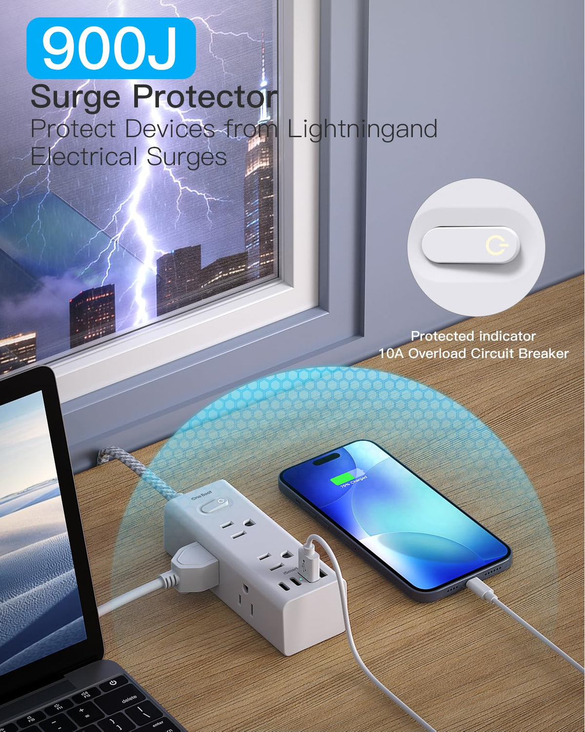 One Beat Surge Protector Power Strip, 5 Ft Flat Plug Extension Cord, 900J | 6 Outlets 4 USB Ports(2 USB C), Wall Mount Outlet Extender Small Power Strip for Travel Home Office College Dorm Room Station