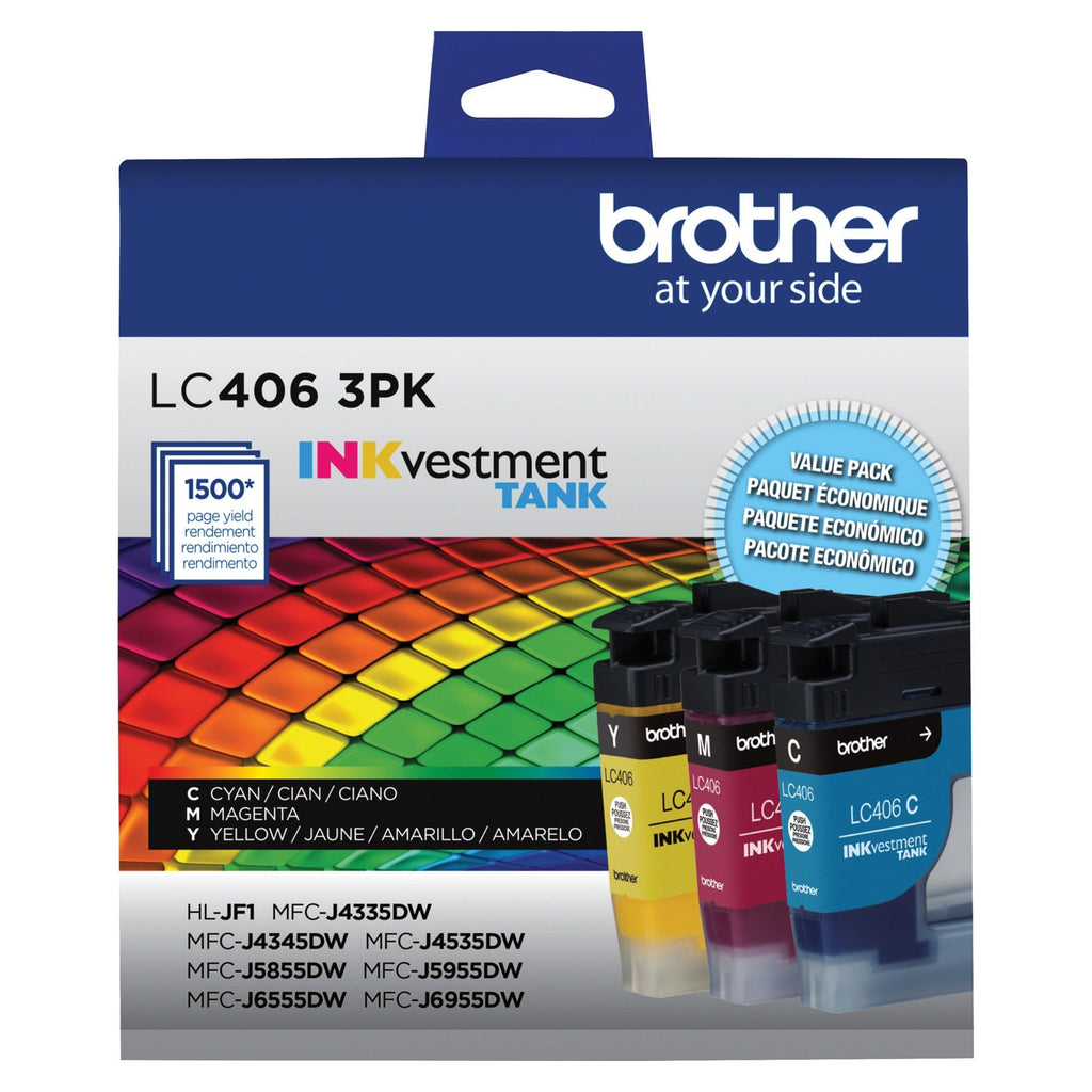 Brother Genuine LC406 Ink Cartridges for INKvestment Tank Printers | 3-pack cyan, magenta and yellow Brother printer ink LC406 ink cartridges for select INKvestment Tank printers