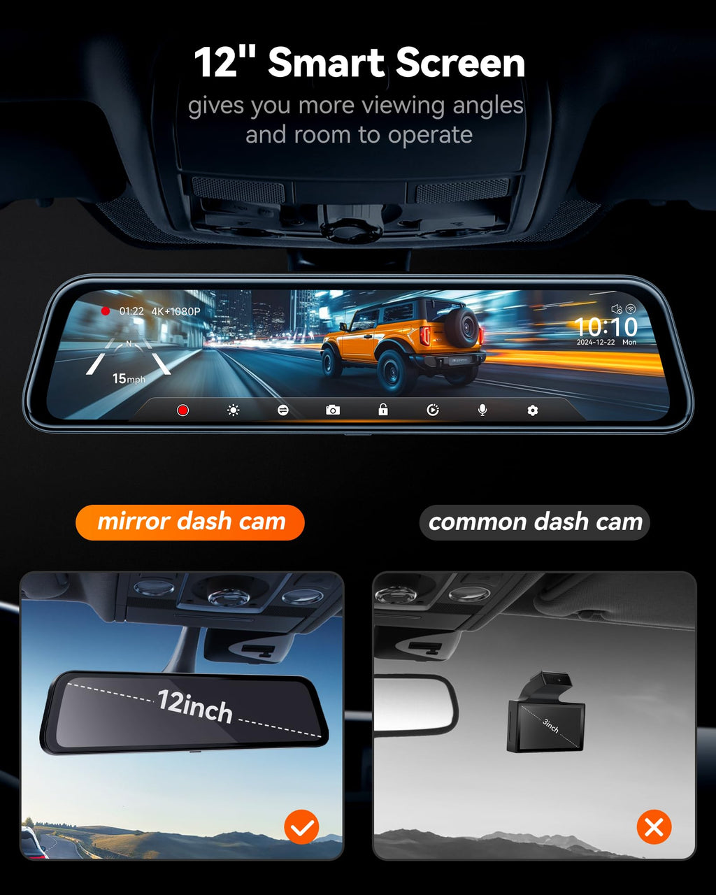 WOLFBOX G840S 12" 4K Mirror Dash Cam Backup Camera with 32GB Card and GPS | 5.8GHz WiFi Smart Rearview Mirror for Cars & Trucks, Front and Rear View Dual Cameras, Night Vision, Parking Assistance