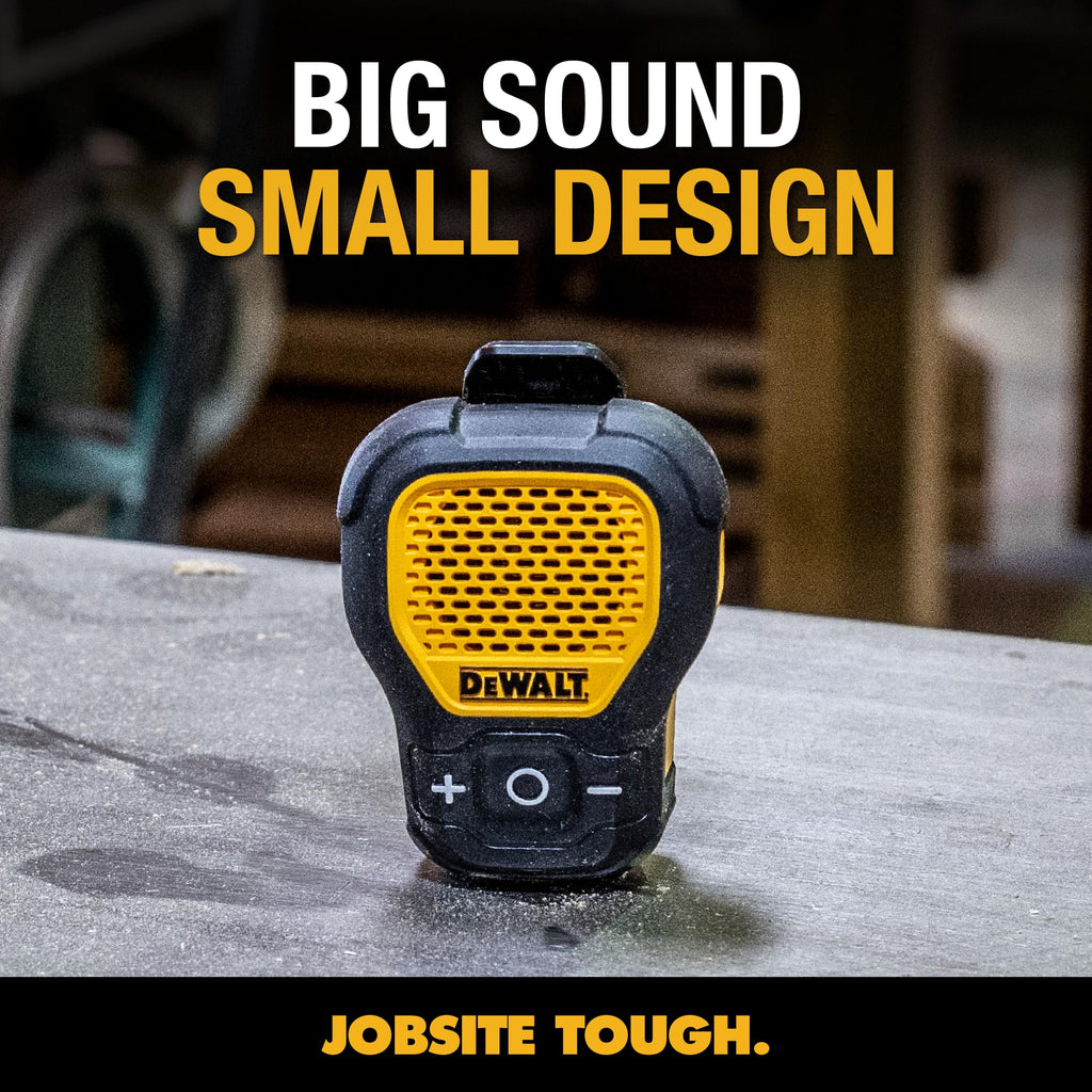 DEWALT Mini Wearable Bluetooth Speaker, Clip-On Jobsite Pro (Yellow) | Water-Resistant Portable Wireless Speaker (Non-Magnetic), Built-in Mic for Hands-Free Music/Calls, Bluetooth Speaker
