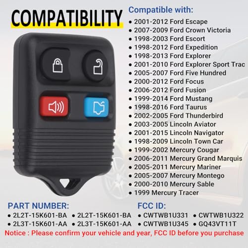 Vurkcy Keyless Entry Remote Key Fob Compatible with Ford Escape Explorer Expedition Focus Fusion Mustang Taurus, Lincoln, Mercury, Mazda, Replacement for CWTWB1U345, 4 Button (Pack of 2)