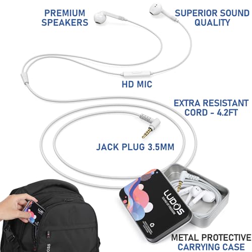 LUDOS FEROX Wired Earbuds in-Ear Headphones, 5 Year Warranty, Earphones with Microphone, Noise Isolation Corded for 3.5mm Jack Ear Buds for iPhone, Samsung, Computer, Laptop, Kids, School Students
