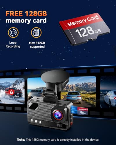 4K+4K Dual Dash Cam Front and Rear, Free 128GB Card, Starlight Night Vision | Dual-Channel Recording, 5.8GHz WiFi, 20MB/s Download Speed, GPS, 3" IPS Screen, Collision Sensor, 24H Parking Mode