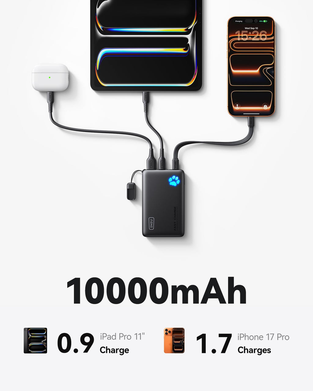 INIU 10000mAh 45W Fast Charging Portable Charger, Smaller Travel Power Bank | Flight-Safe, Detachable USB C Cable, Travel Essential, External Battery Phone Pack for iPhone 18 17 Samsung iPad etc