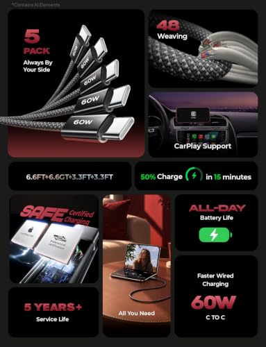 LISEN USB C to USB C Cable 60W for iPhone 18 Pro Duo Charging Cable, 5-Pack | for iPhone 18 Fast Charger/17/16/15 Galaxy S26/S25/S24, 3.3/3.3/6.6/6.6/10FT Gift for Car, Home, Office, Bed and Travel Cord