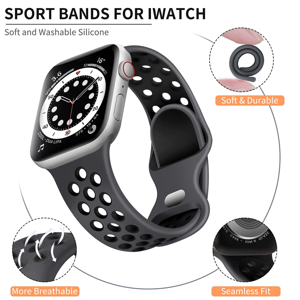 Lerobo Sport Band for Apple Watch Bands 44mm 45mm 46mm 42mm 49mm Men Women | Soft Silicone Breathable Waterproof Strap for iWatch Series 12 11 10 9 8 7 6 5 Ultra 4 SE 3 2 1, Gym Workout Wrist Band Black