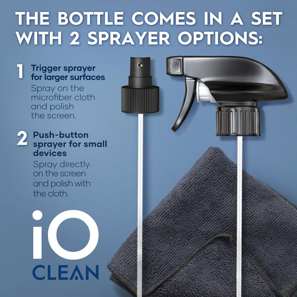 iO CLEAN 16oz Screen Cleaner Spray – Best Large Cleaning Kit | for LCD, LED & OLED TV, Smartphone, iPad, Laptop, Touchscreen, Computer Monitor, Microfiber Cloth Wipes & 2 Nozzles