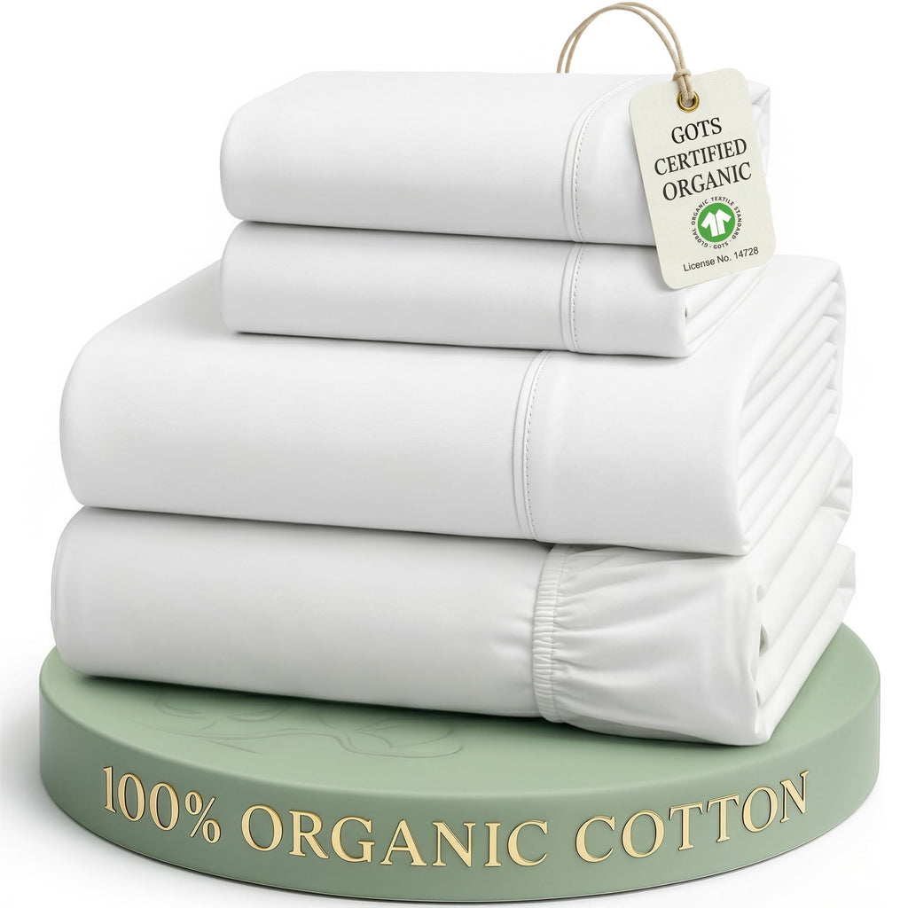 LANE LINEN Queen Sheets 100% Organic Cotton 4pc Percale Cooling - White | Queen Sheet Set, GOTS Certified Organic Cotton Percale - Crisp, Cool & Breathable, For Hot Sleepers, All-Season Comfort