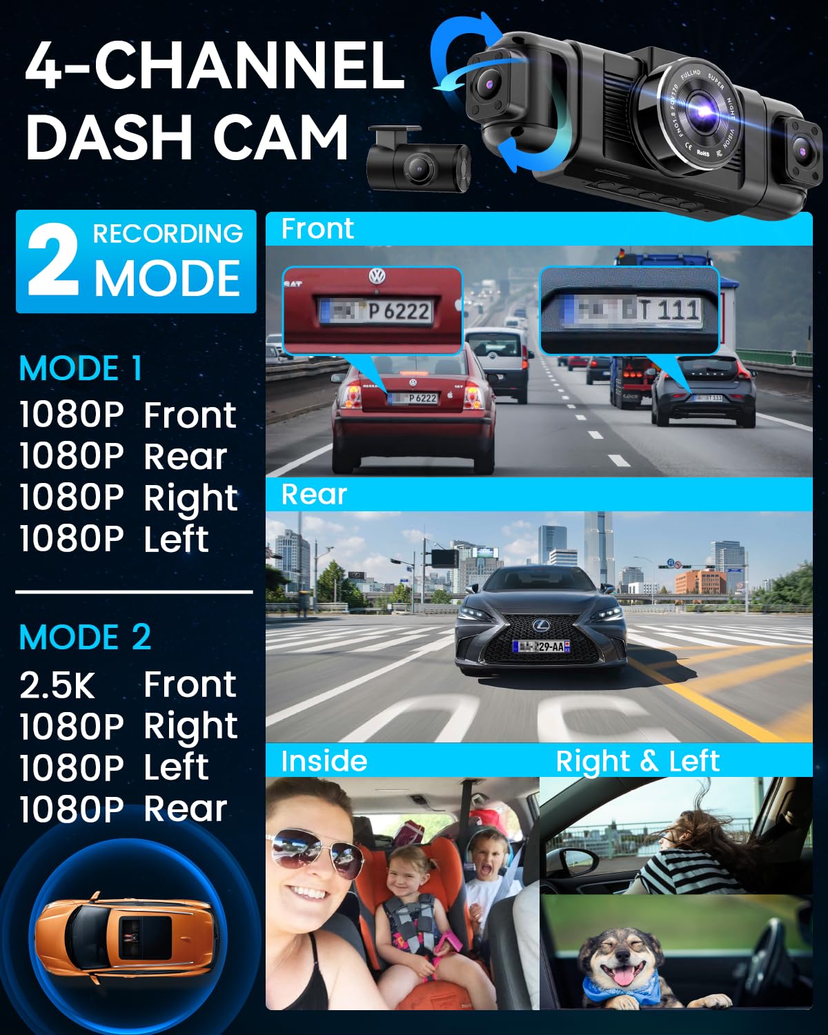 IIWEY N5 4 Channel Dash Cam for Cars, 360° View 2K Front 1080P Rear Inside | Includes 128GB Card, 5G WiFi & APP Control, IR Night Vision, G-Sensor, 24 Hours Parking Mode