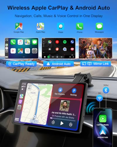 9" CarPlay Screen for Car, Wireless Apple CarPlay & Android Auto | with 1080P Backup Camera, Night Vision, Mirror Link, Voice Control, Bluetooth/FM/AUX Audio, Portable Touchscreen Display