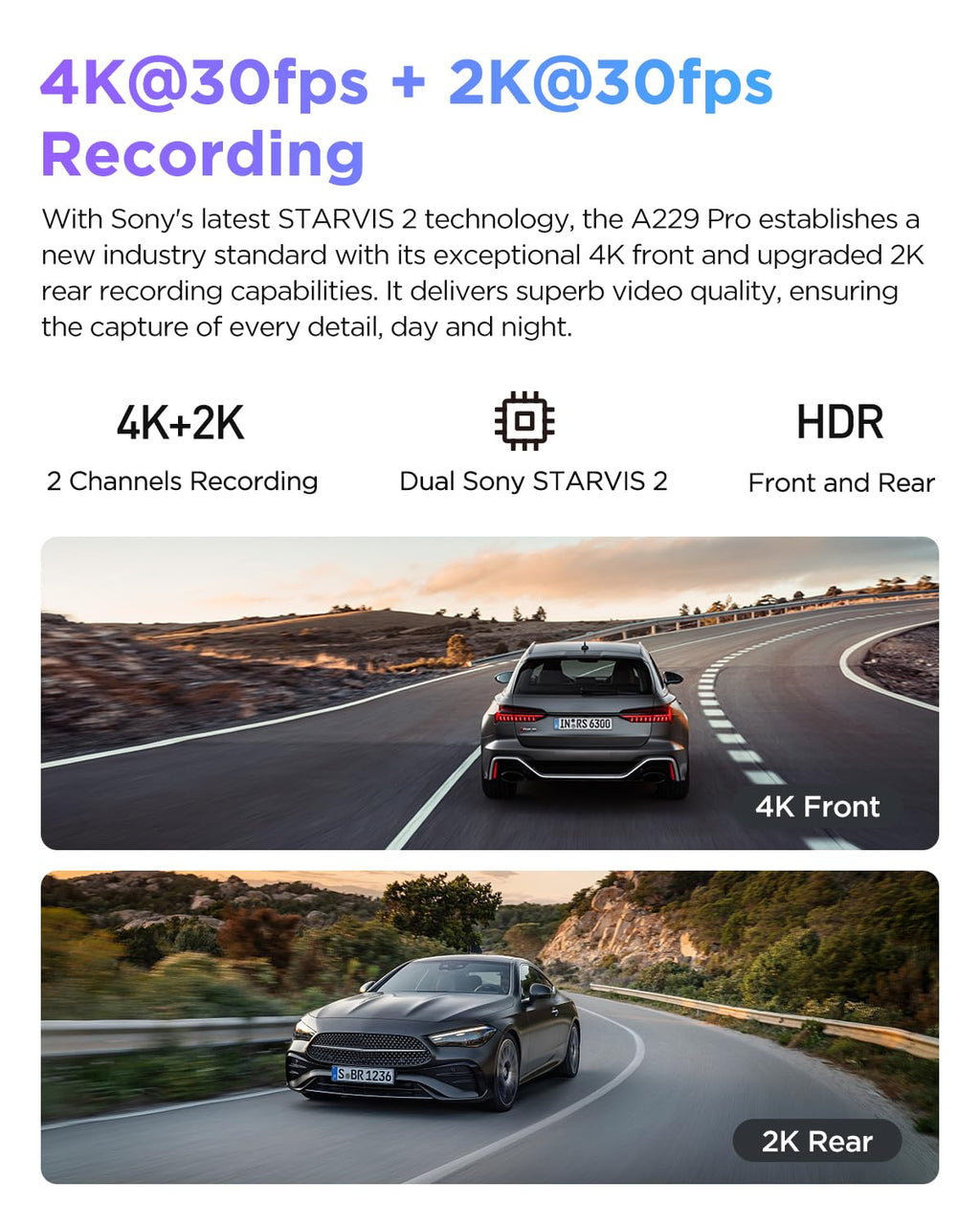 VIOFO A229 Pro 4K HDR Dash Cam Front and Rear, Dual STARVIS 2 Sensors | 4K Front and 2K Rear, IMX678 & IMX675 sensors, 5GHz Wi-Fi, GPS, Voice Control, Buffered 24H Parking Mode, Night Vision 2.0