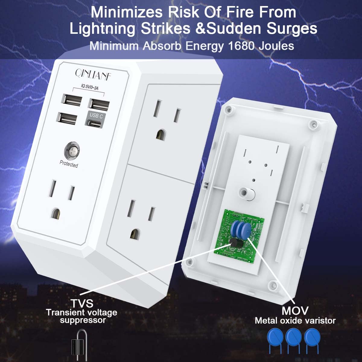 Wall Charger, Surge Protector, QINLIANF 5 Outlet Extender with 4 USB Ports | 1680 Joules, 3-Sided Power Strip, Multi Plug Wall Outlet Adapter Spaced for Home Travel Office, White