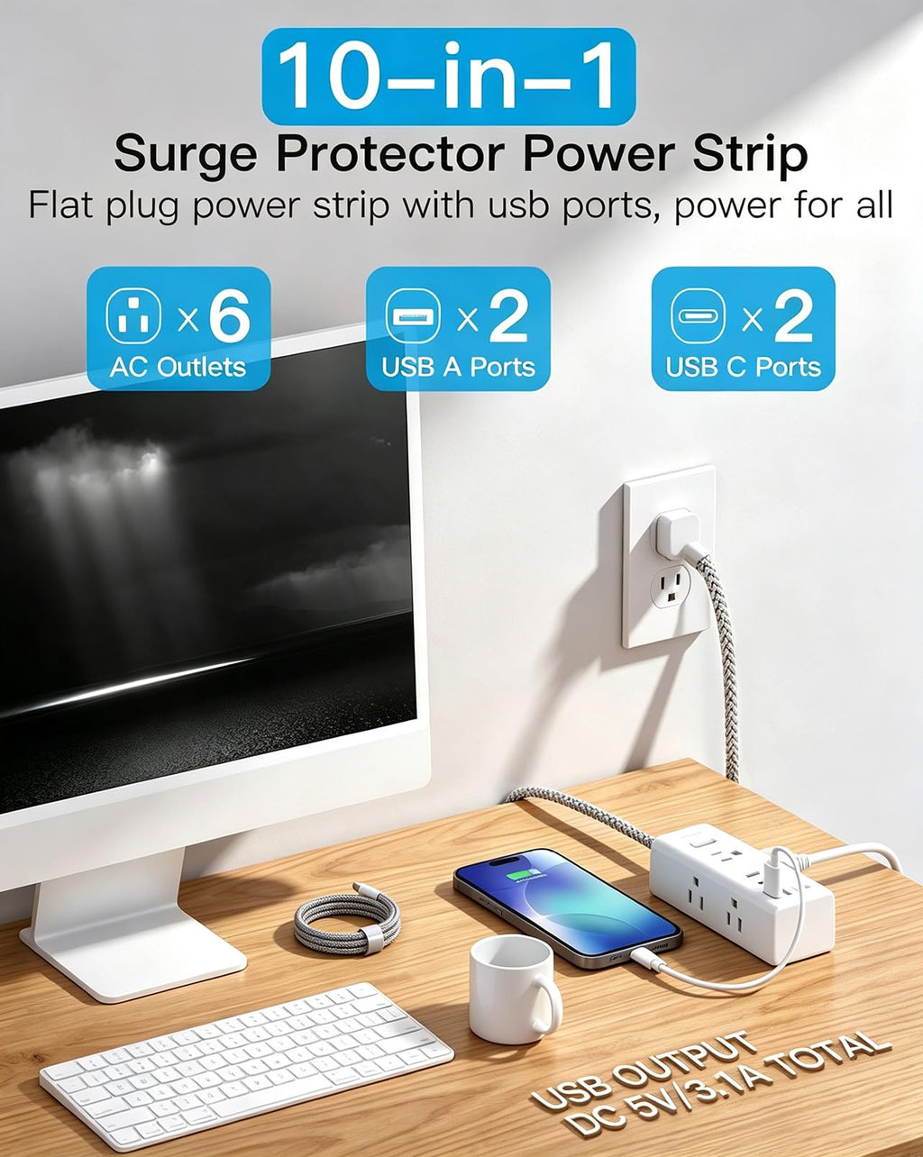One Beat Surge Protector Power Strip, 5 Ft Flat Plug Extension Cord, 900J | 6 Outlets 4 USB Ports(2 USB C), Wall Mount Outlet Extender Small Power Strip for Travel Home Office College Dorm Room Station