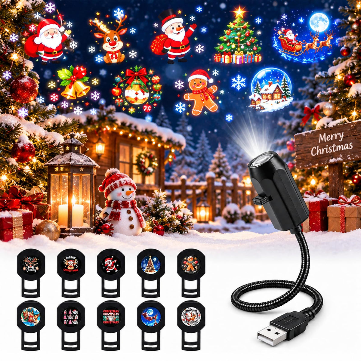 10 Pack Plug and Play HD Christmas Projector, 10 Festive Scenes, 360° Flexible Neck for Bedroom,Home Theater,Car