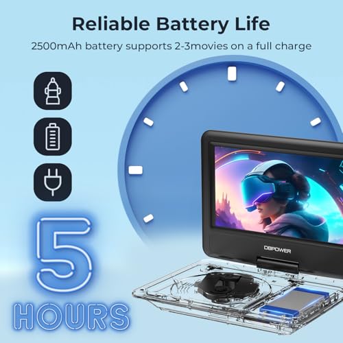 DBPOWER 11.5" Portable DVD Player, 5-Hour Built-in Rechargeable Battery, 9" Swivel Screen, Support CD/DVD/SD Card/USB, Remote Control, 1.8 Meter Car Charger, Power Adaptor and Car Headrest (Black)