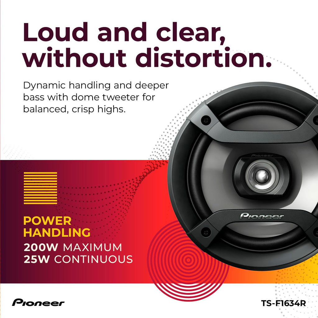 Pioneer F-Series TS-F1634R 6.5" 2-Way Coaxial Car Speakers 200W Max | Great Factory Speaker Replacement, Balanced Sound + Smooth Treble, High-Efficiency Speaker Designed for OEM Power