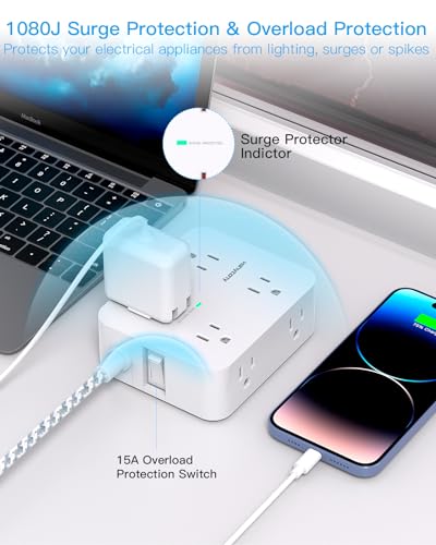 HANYCONY Surge Protector Power Strip, 1080J, 5 Ft Braided Extension Cord | 8 Outlets 4 USB Ports(2 USB C), Outlet Extender, Flat Plug, Wall Mount, Desk Charging Station, Home Office, Dorm Room ETL