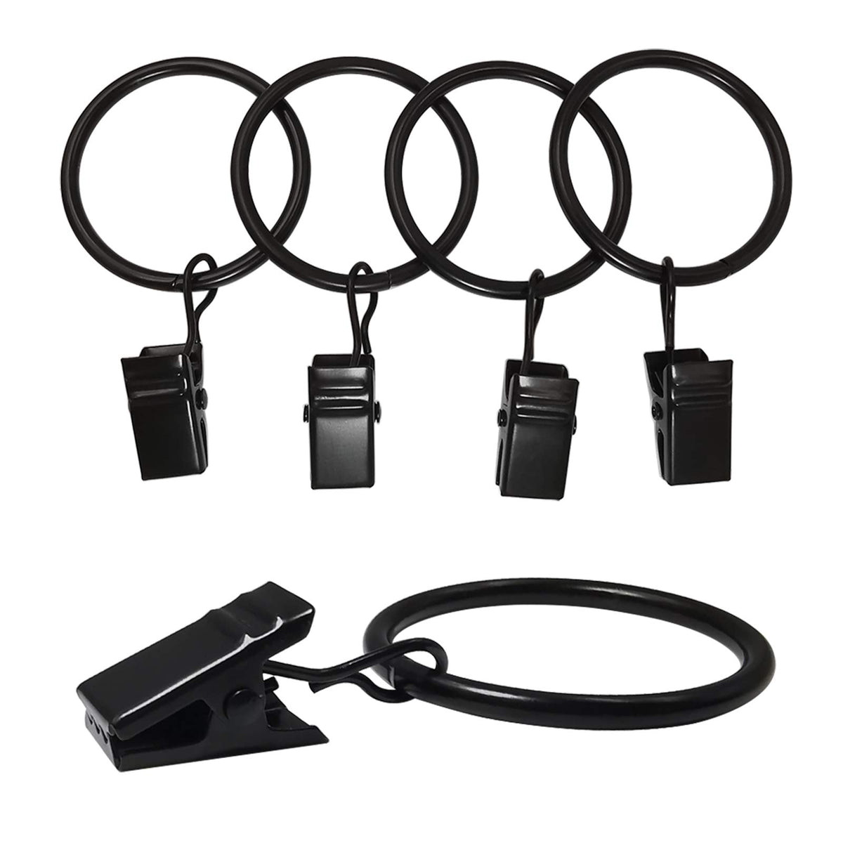 AMZSEVEN 40 Pack Metal Curtain Rings with Clips, 1.26 in ID, Black | Curtain clip rings fit rods up to 1 inch in diameter; securely hold curtains, baby pants on hangers and hair bows