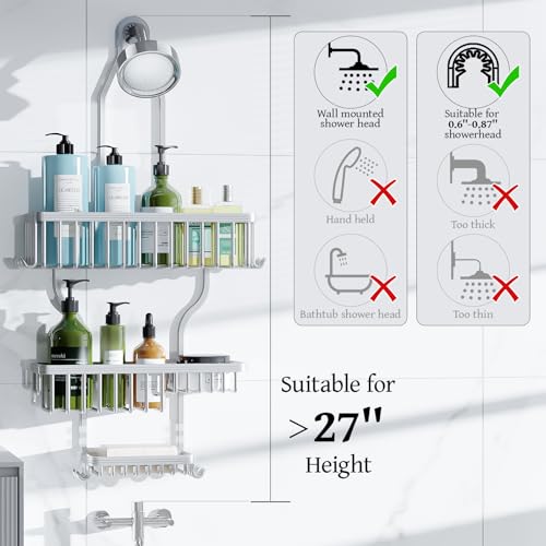 YASONIC Never Rust Shower Caddy Hanging, Aluminum Shower Racks for Inside Shower, 3-Tier Shower Organizer Hanging Over Shower Head with Hooks and Soap Holder, Silver