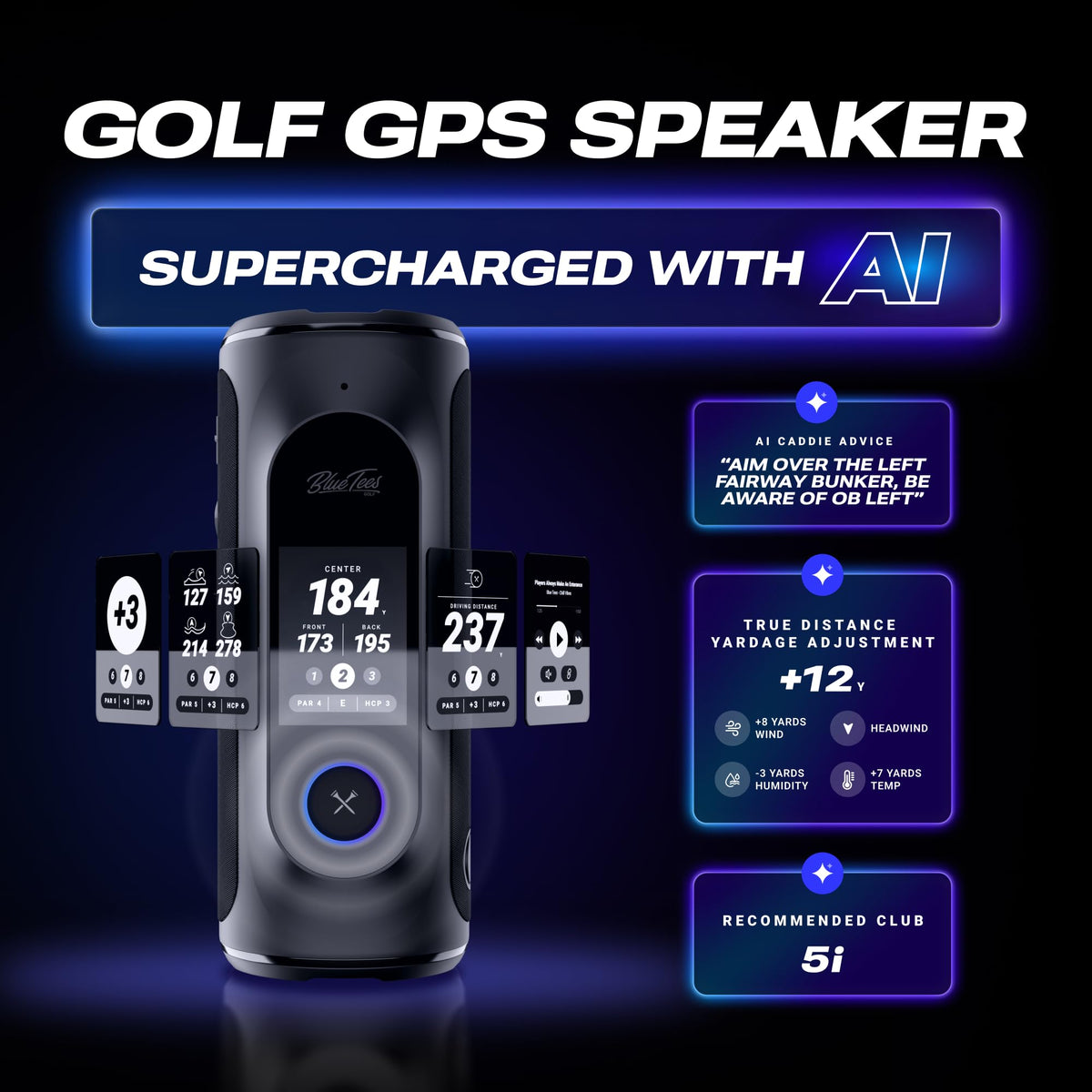 Blue Tees Golf Player+ AI-Powered GPS Speaker - Touchscreen Display, 10+ Hour Battery, 40,000+ Courses, Visual & Audible Distances, Hazard Detection, IPX7 Waterproof (Navy)