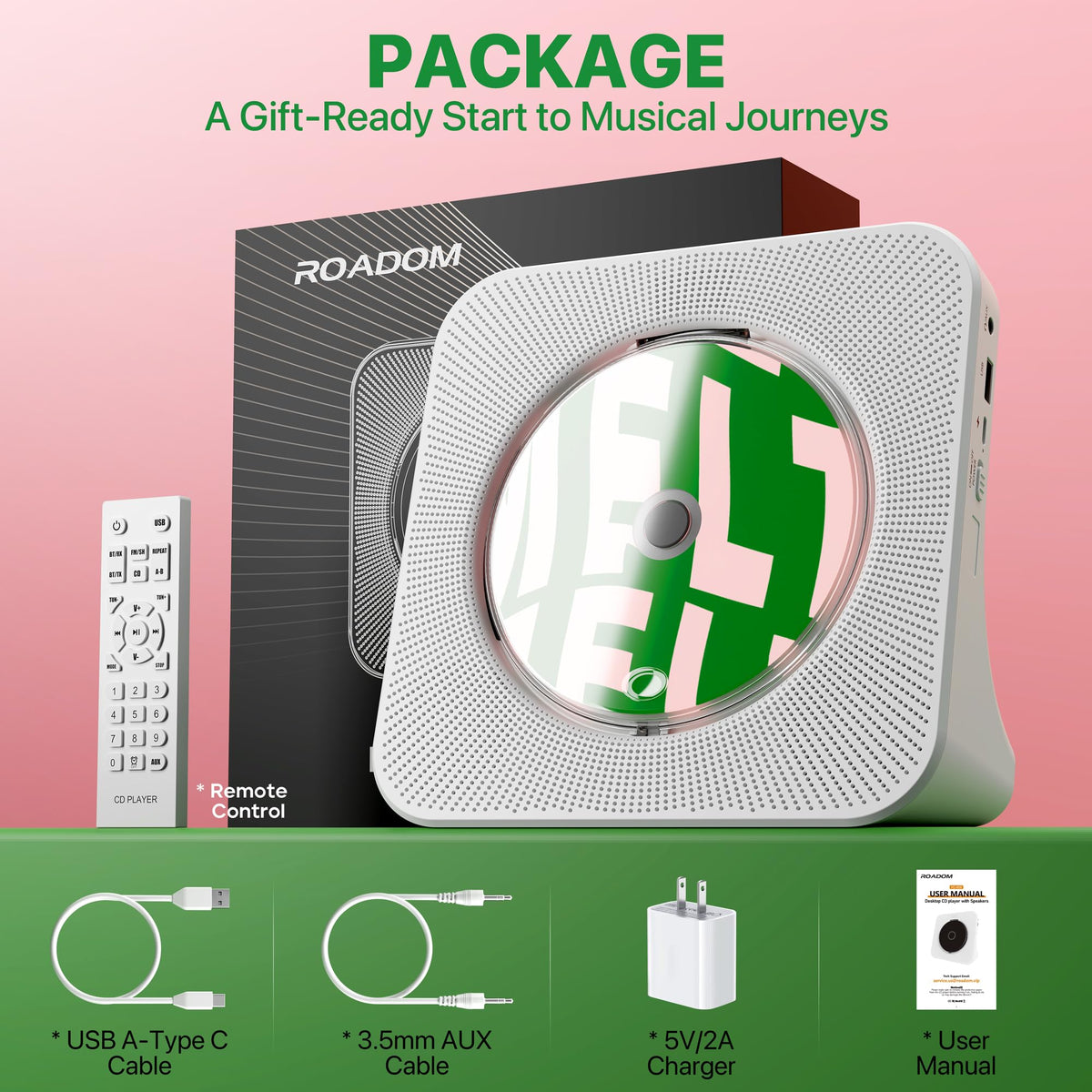 ROADOM Portable CD Player with Bluetooth, Hi-Fi Speakers & FM Radio | Bluetooth transmitter & receiver, Hi-Fi stereo sound, FM radio, USB & AUX, 5 CD formats, compact CD player for kids & seniors