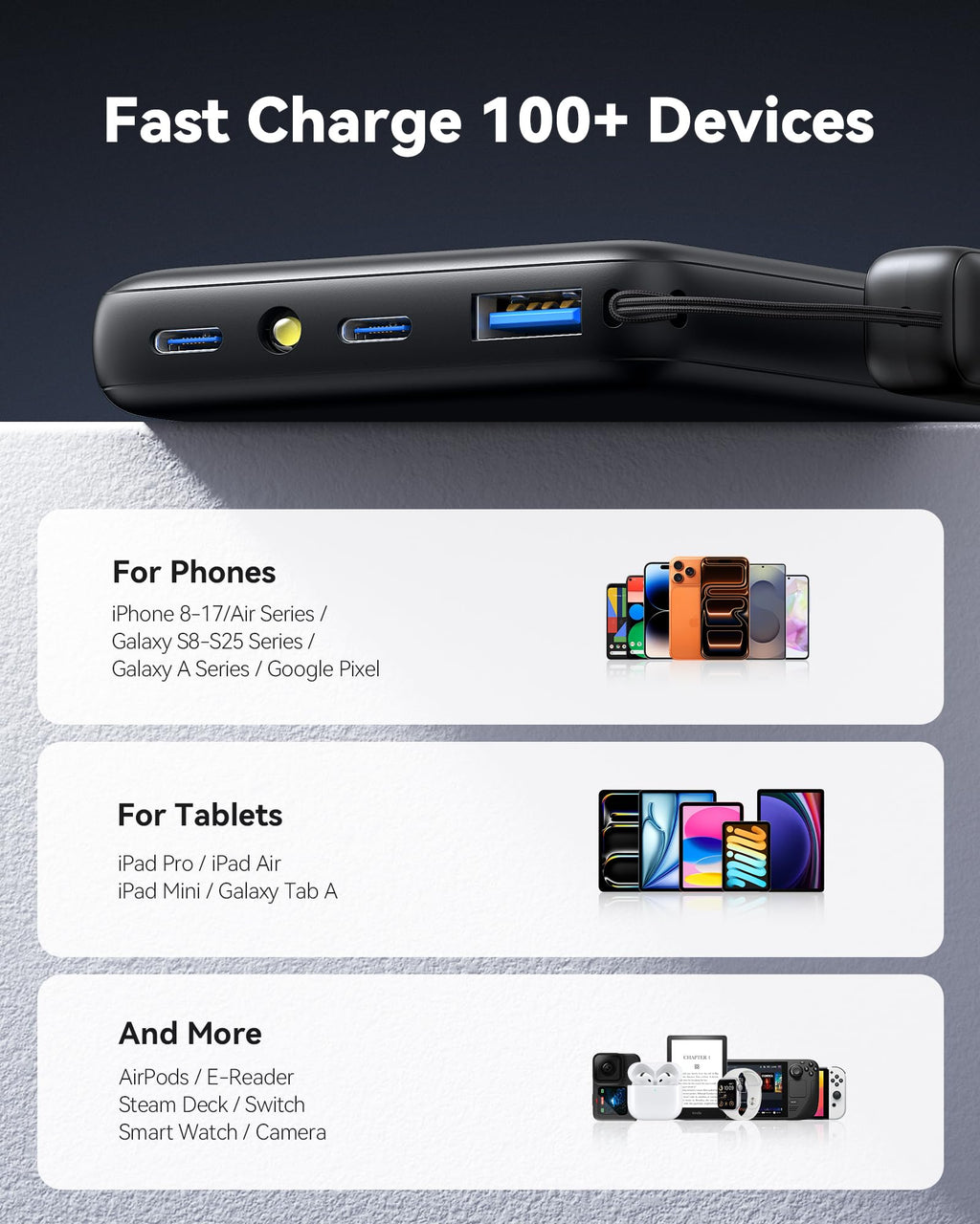 INIU 10000mAh 45W Fast Charging Portable Charger, Smaller Travel Power Bank | Flight-Safe, Detachable USB C Cable, Travel Essential, External Battery Phone Pack for iPhone 18 17 Samsung iPad etc