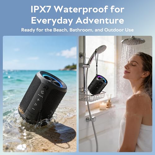 DUDGSIS Portable Bluetooth Speaker, 20W Stereo, IPX7 Waterproof, RGB Light | 15H Playtime, Bluetooth 5.3, TWS Pairing & AUX Input; Compact Outdoor Speaker for Shower, Pool, Beach & Hiking