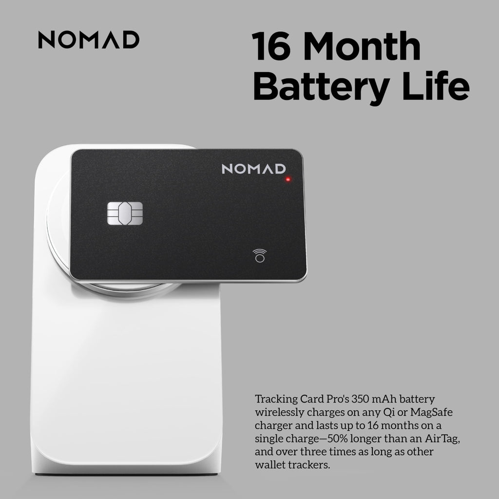Nomad Tracking Card Pro Black, Premium Wallet Tracker with Apple Find My, 16-Month Battery Life, IPX7 Waterproof, Polycarbonate and Aluminum Design, TSA Approved, Wireless Rechargeable, iOS Only