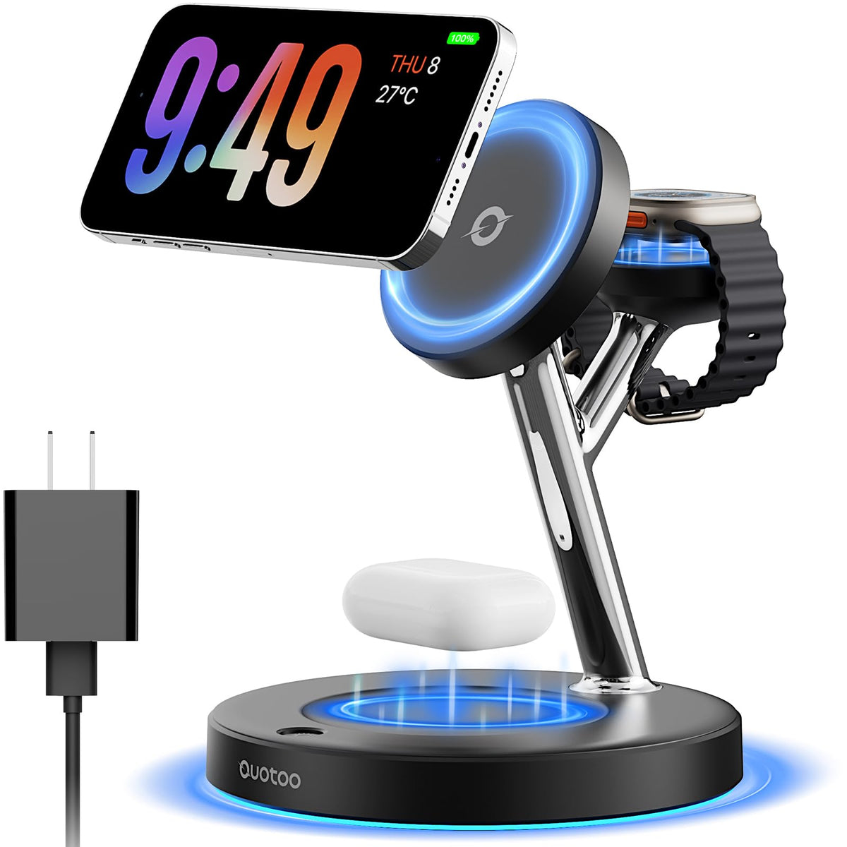 3 in 1 Mag-Safe Wireless Charger Stand for iPhone Apple Watch AirPods | Adjustable Blue Ambient Light,15W Magnetic Charging Station for iPhone 17 16 15 14 13 12 Series wireless charging station